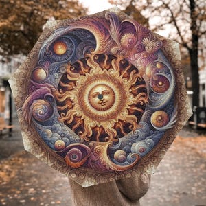 Puede incluir: Un paraguas abierto con un diseño detallado y colorido que presenta un sol sonriente en el centro. La obra de arte del paraguas incluye patrones arremolinados, elementos celestiales y una cálida paleta de colores marrones, azules y púrpuras. El paraguas se sostiene al aire libre.