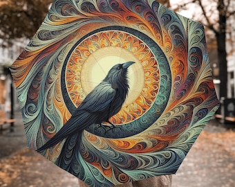 Crow Art, Raven Automatic Folding Umbrella for Rain, Shade Umbrellas, Gifts Parasol, Umbrellas With Handles, Travel Hook-and-loop Parasols