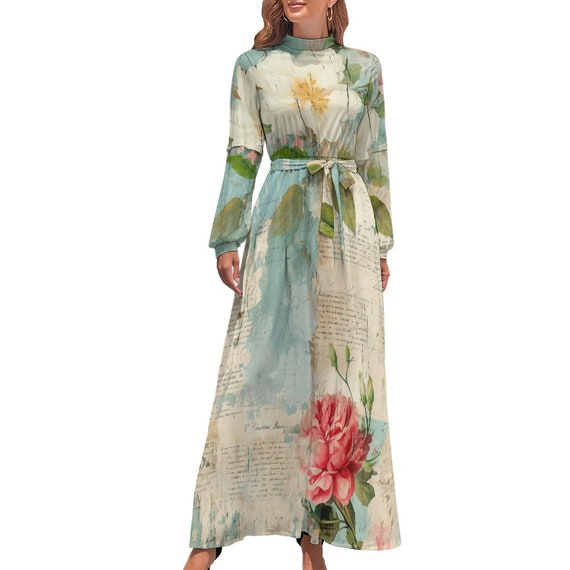 Luxurious Modest Boho Long Dress With Belt,event Tunic Dress,spring Long  Sleeve Dress,summer Party Clothing,sun Dress,fit & Flare,flowers - Etsy