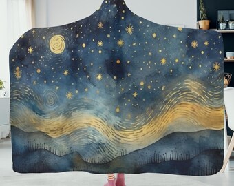 Manta con capucha personalizada de Noche Estrellada, informal, con costuras dobles, regalo de condolencias, suave y cálida, unisex, para adultos y niños, regalos grandes.