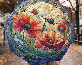 Paraguas plegable automático Poppies, Paraguas para la lluvia, Paraguas de sombra, Paraguas de regalo con asa, Paraguas de viaje, Paraguas con cierre de velcro