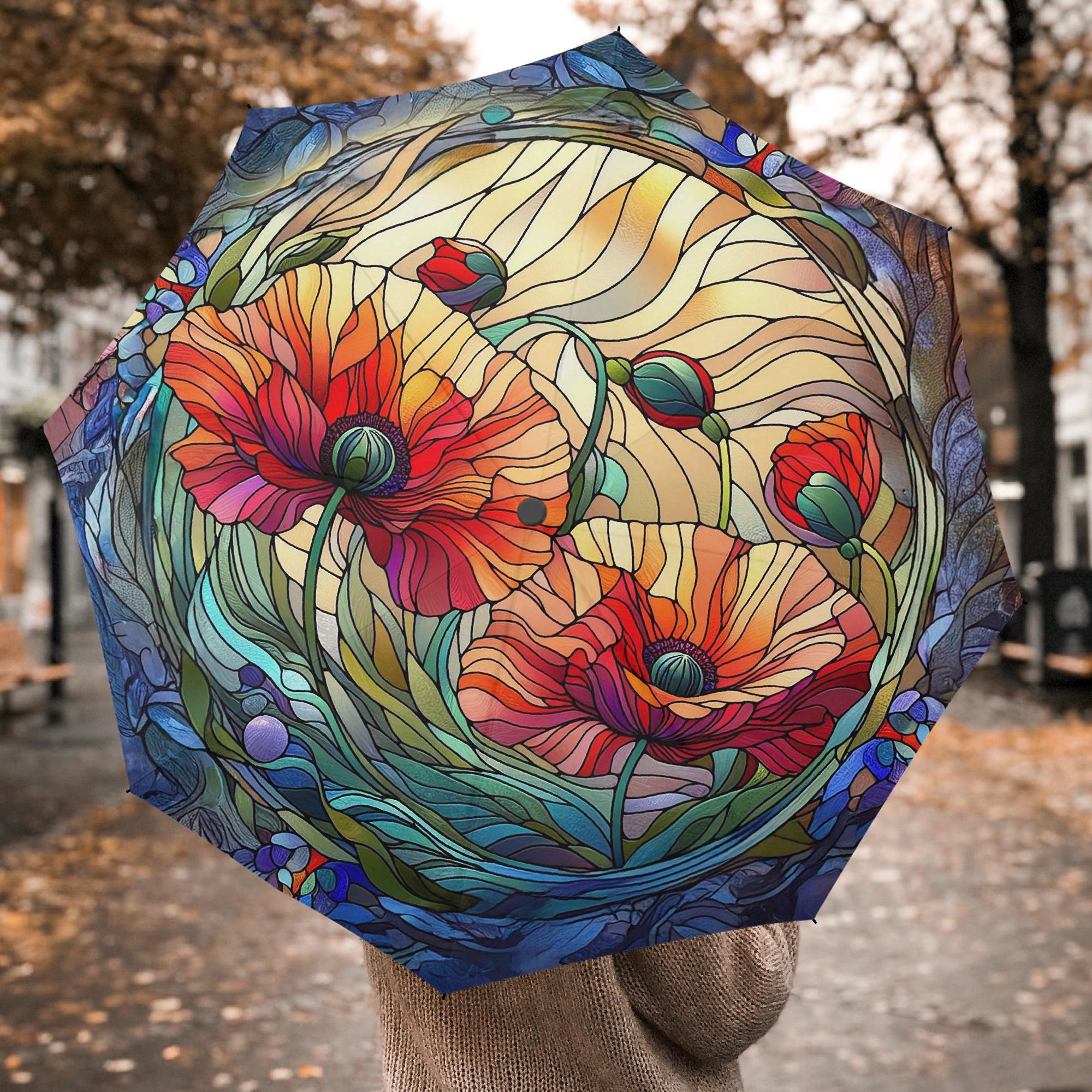 Poppies Automatic Folding Umbrella,Umbrellas for Rain,Shade Umbrellas, Gifts Umbrellas With Handles,Travel Umbrella,Hook-and-loop Umbrellas