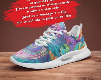 Minimalistische hardloopschoenen, custom design, schoen ontworpen door kind, kinderkunst op laarzen, kinderdesigner, gepersonaliseerde cadeaus