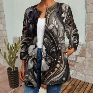 Una blusa elegante para cualquier ocasión, cárdigan con arte floral Iris personalizado, abrigo largo sin cuello de manga larga, chaqueta de suéter sintético para mujer personalizada, 5XL