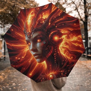 Peut inclure: Un parapluie noir orné d'une illustration détaillée et flamboyante d'un visage féminin. L'œuvre d'art est principalement orange et rouge, avec des motifs complexes et des accents lumineux. Le parapluie est ouvert, révélant le design.