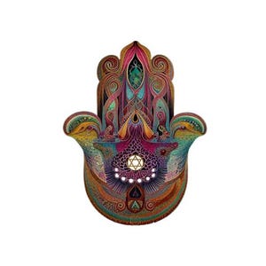 May include: A detailed, colorful Hamsa hand design. The artwork features intricate patterns in shades of teal, purple, orange, and gold. A six-pointed star is at the center, surrounded by a glowing light. The overall style is ornate and spiritual.