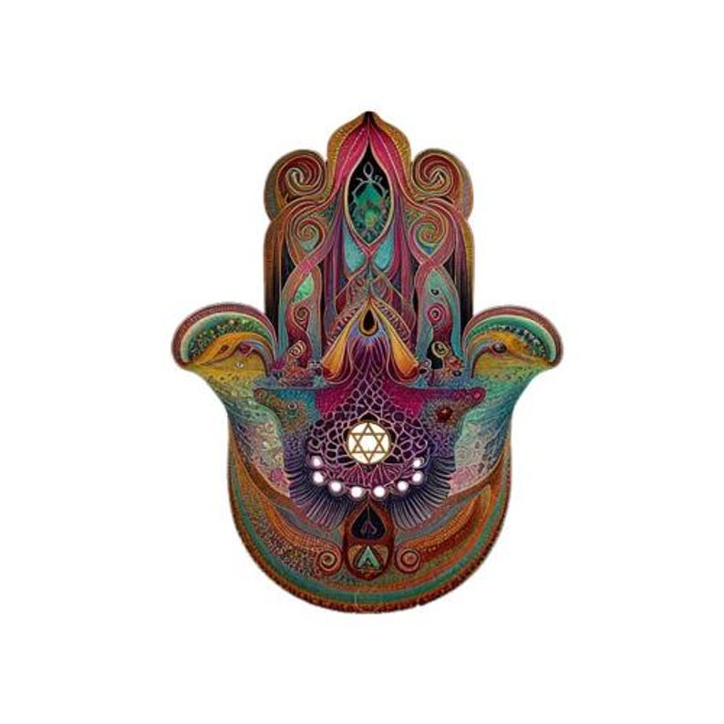 May include: A detailed, colorful Hamsa hand design. The artwork features intricate patterns in shades of teal, purple, orange, and gold. A six-pointed star is at the center, surrounded by a glowing light. The overall style is ornate and spiritual.