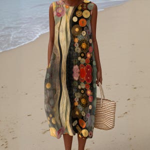 May include: A sleeveless midi dress featuring a multi-colored abstract print with circular motifs in shades of red, orange, yellow, and black. The garment has a round neckline and a loose, straight silhouette, paired with a woven straw handbag.