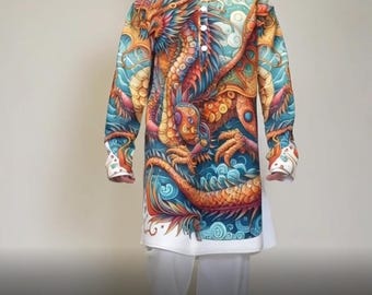 Kundenspezifisches orientalisches Drachen-Druck-Herren-Stehkragen-langes Hemd, langärmelige Boho-Oberteil-T-Shirts, personalisierte Geschenke, Geschenk für ihn, Tunika-Kleidung