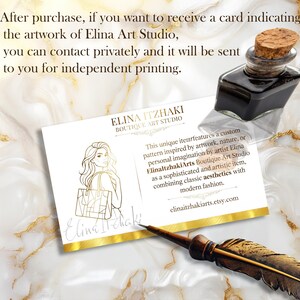 May include: A rectangular business card for Elina Itzhaki Boutique Art Studio featuring a gold-toned line drawing of a person with a handbag, text about custom patterns, and the URL elinaitzhakiarts.etsy.com, accompanied by an ink bottle and quill.
