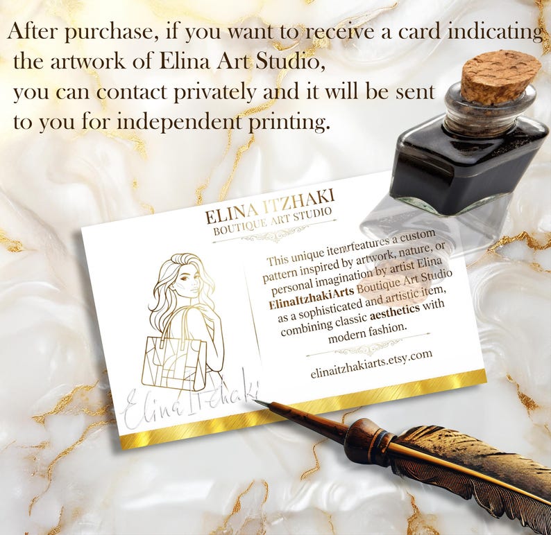 May include: A rectangular business card for Elina Itzhaki Boutique Art Studio featuring a gold-toned line drawing of a person with a handbag, text about custom patterns, and the URL elinaitzhakiarts.etsy.com, accompanied by an ink bottle and quill.