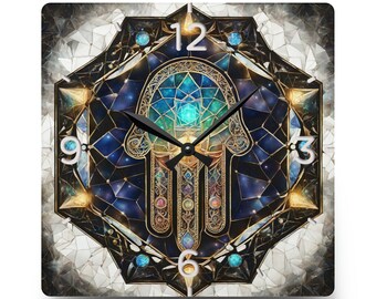 Acrylic Wall Clock Hamsa, Hanukkah bush Festival of lights ,Jewish Celebration, Round + Square