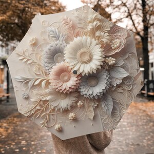 Estampado floral bohemio, flores artificiales en 3D, paraguas plegable automático, sombrillas de sombra, asas de sombrilla de regalo, sombrillas de viaje con cierre de velcro.
