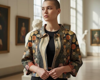 Klimt Artistic Cotton Cropped Jacket, Women's Mid Sleeve Button Cardigan, Casual Layering Shirt, Custom Grift,Graphic Print Casual Outerwear