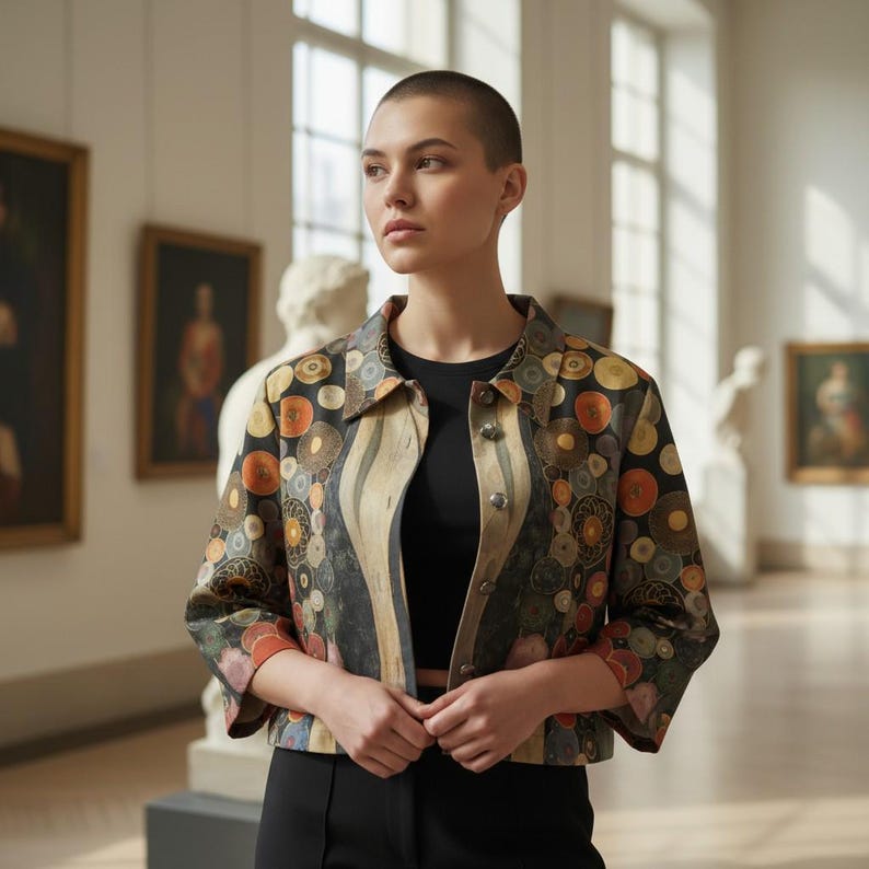 Puede incluir: Una chaqueta corta con base negra y un patr&oacute;n repetitivo de c&iacute;rculos multicolores en tonos naranja, dorado y azul apagado. La chaqueta tiene cuello, mangas tres cuartos y un cierre frontal con botones.