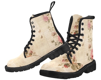 Women's Lace Up Canvas Ankle Boots, Romantic Floral Constellation Print, Nevermore Boots, Doc Marten Boots, Combat Shoes, Wedding Boots