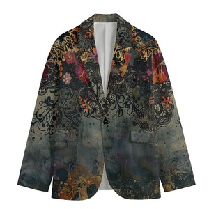 May include: A patterned blazer with a floral and ornamental design in shades of black, gold, red, and teal. The blazer has a single-button closure, a notched lapel, and two front pockets. The interior lining is white.