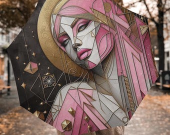 Art Deco print Automatic Folding Umbrella for Rain, Boho Shade Umbrellas, Gifts Parasols With Handles, Travel Hook-and-loop Parasol