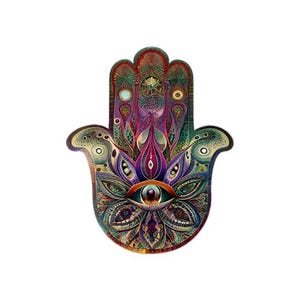 May include: A detailed, colorful Hamsa hand design with an eye at the center. The artwork features intricate patterns in shades of purple, green, blue, and gold, with a white background. The design is symmetrical and ornate.