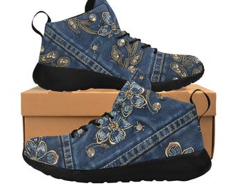 Damen-Schnürschuhe, Schaumstoff-Einlegesohle, Freizeitschuhe Komfort & Stil für Frauen, einzigartiges und originelles Print-Jeans-Design, Boho-Stil