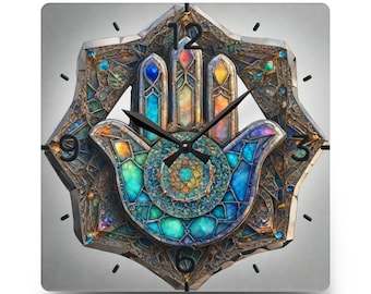 Acrylic Wall Clock Hamsa, Hanukkah bush Festival of lights ,Jewish Celebration, Round + Square