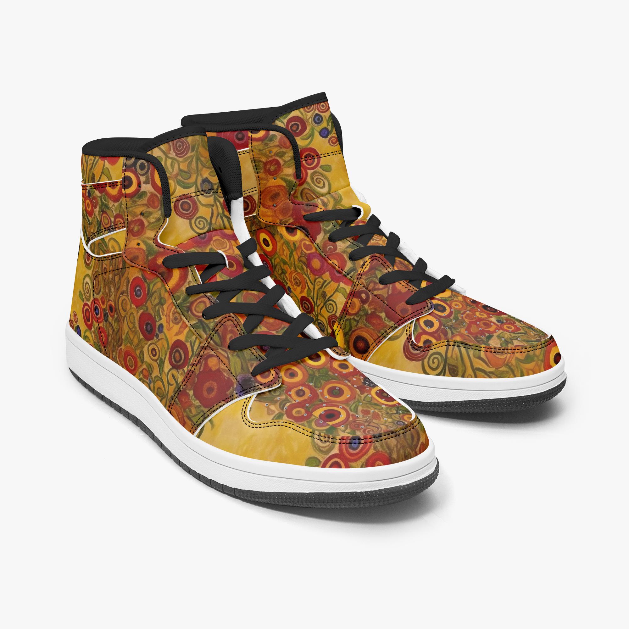 Klimt Style Art Print Unisex High-Top Leather Sneakers, White Black…