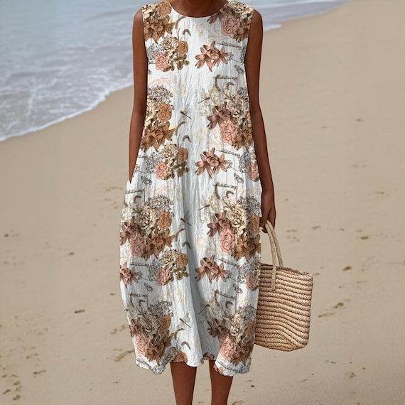 flowy comfy dress 100% Cotton Loose Sleeveless + Pockets, Vintage Floral Artistic Print A-Line Sundress, Boho Casual Plus Size, Custom Gifts Vendor: Kai and Kelly