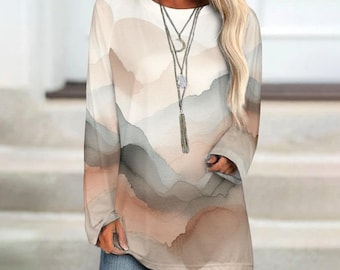 Damen Langarm Rundhals T-Shirt, Abstrakte Kunst Grafikdruck Modernes Shirt, S-5XL Übergroßes Mode Chic Tee, Individuelle Geschenke