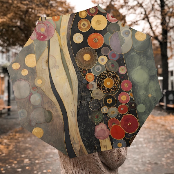 Klimt Automatic Folding portable Umbrella, ART Design, Womens Parasol Rain Protection, All seasons Umbrella, Waterproof Foldable Parasols