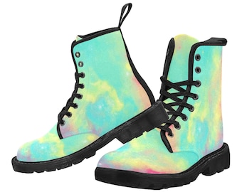 Botines de lona con cordones para mujer, estampado de galaxia neón, botín Boho Nevermore, botas Doc Martens, estilo militar, zapatos de boda con estampado de constelaciones