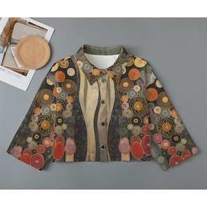 Klimt Artistic Cotton Cropped Jacket, Women's Mid Sleeve Button Cardigan, Casual Layering Shirt, Custom Grift,Graphic Print Casual Outerwear imagen 2