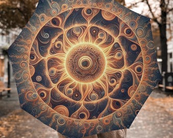 Psychedelic Art print Automatic Folding Umbrella for Rain, Boho Shade Umbrellas, Gifts Parasols With Handles, Travel Hook-and-loop Parasol