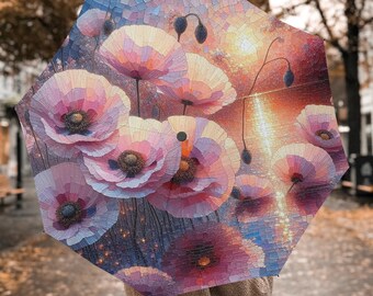 Impression d'art Poppies Nature - Parapluie pliant automatique pour la pluie, Parapluies bohèmes, Parasols cadeaux avec poignées, Parasol de voyage auto-agrippant