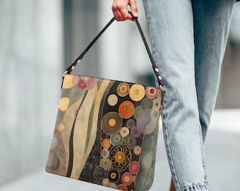 Klimt Kunstdruck Boho Stil Vegan Leder Eimer Tasche, Crossbody Geldbörse, große Tote Geldbörsen, personalisierte Geldbörse, Geschenk Damen Carryall Workbag