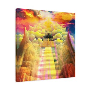 May include: A square canvas print featuring a vibrant, surreal landscape with a central stone temple atop a tiered structure. A bright yellow path leads toward the temple, flanked by two large, pointed mountains under a sky filled with orange, pink, and yellow clouds.
