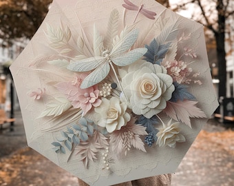 Parapluie pliant automatique à imprimé fleurs de libellule pour la pluie, parapluies bohèmes, parasols avec poignées cadeaux, parasol de voyage auto-agrippant