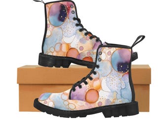Women's Lace Up Canvas Boots,ink color pattern, Nevermore Boots,Doc Marten Boots, Combat Constellation Wedding Boots,Ankle Boots for Women