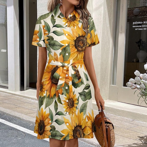 collared holiday dress Sunflowers Artistic Short Sleeve Shirt + Belt, Button Down Sundress, Knee Length Robe, Casual Gown,XS-6XL,Custom Gift 8.22Yang