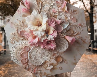 Boho Floral Print, Faux 3D Flowers, Automatic Folding Rain Umbrella, Shade Umbrellas, Gifts Parasol Handles, Travel Hook-and-loop Parasols