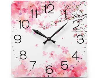 Custom Cherry Blossoms Artictic Acrylic Wall Clock, Floral Japanese style,Boho Personalized gifts, Vintage Home Decor,Round / Square Options