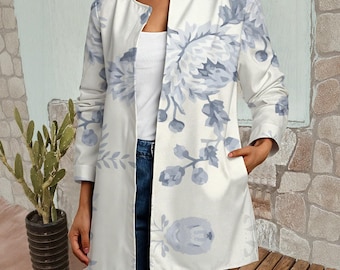 Un top elegante per ogni occasione, cardigan personalizzato con stampa floreale grigia, spolverino boho a maniche lunghe, giacca in finto maglione personalizzata da donna