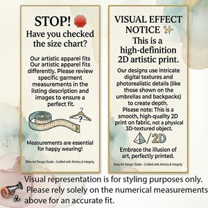 May include: Two informational signs with text about garment sizing and visual effects. The first sign says "STOP! Have you checked the size chart?" and includes a measuring tape graphic. The second sign says "VISUAL EFFECT NOTICE" and explains the print is 2D.