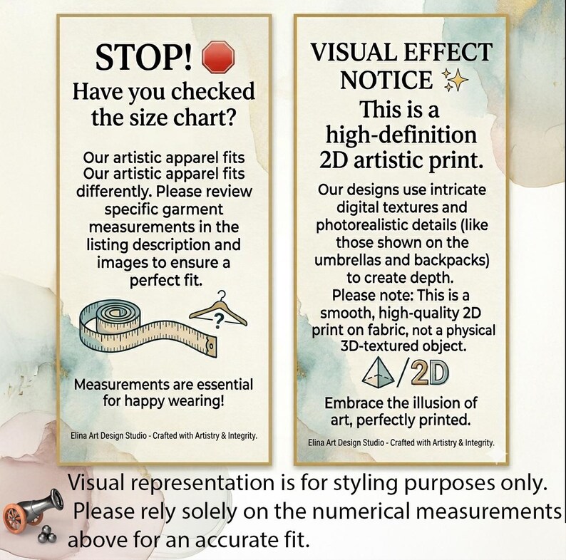 May include: Two informational signs with text about garment sizing and visual effects. The first sign says "STOP! Have you checked the size chart?" and includes a measuring tape graphic. The second sign says "VISUAL EFFECT NOTICE" and explains the print is 2D.