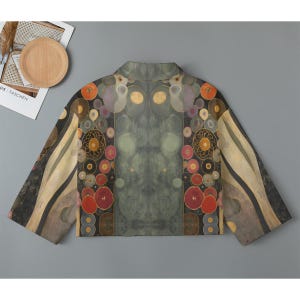 Klimt Artistic Cotton Cropped Jacket, Women's Mid Sleeve Button Cardigan, Casual Layering Shirt, Custom Grift,Graphic Print Casual Outerwear imagen 3