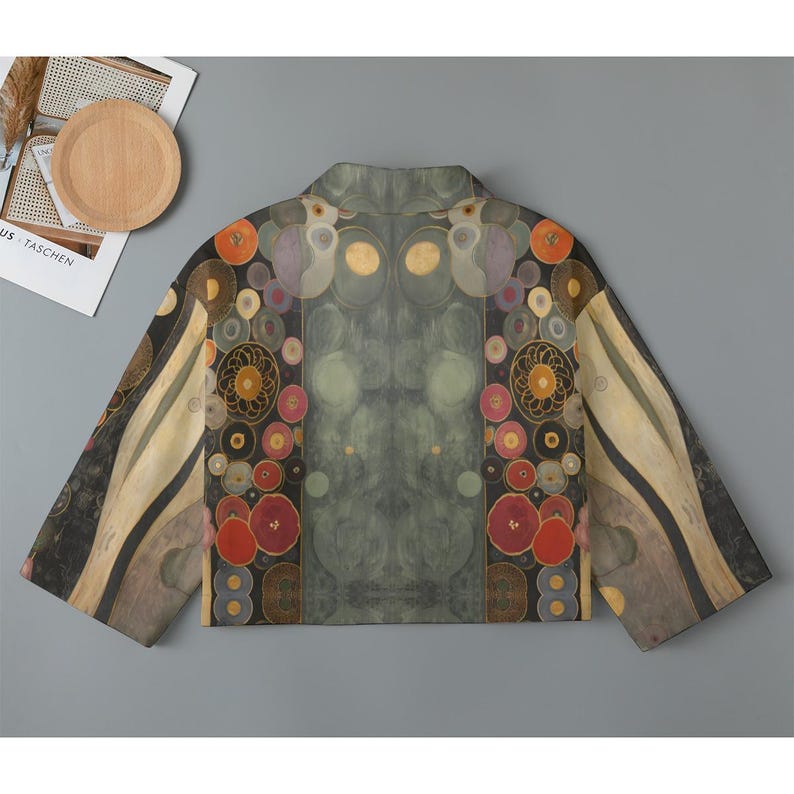 Klimt Artistic Cotton Cropped Jacket, Women's Mid Sleeve Button Cardigan, Casual Layering Shirt, Custom Grift,Graphic Print Casual Outerwear imagen 3