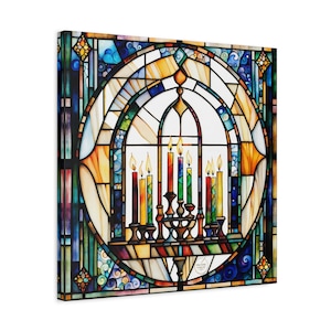 Menora Kunstwerk, Glasmalerei-Stil, Fine Art Leinwanddruck, Moderne Jejuda, helle Farben Festliche Wand Wohnkultur Urlaub Kunst, Geschenk für Zuhause