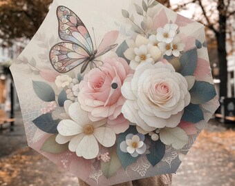 Parapluie pliant automatique vintage à imprimé fleurs pour la pluie, parapluies bohèmes, ombrelles bohèmes, cadeaux avec anses, ombrelle de voyage auto-agrippante