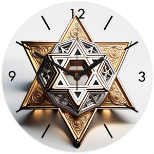 May include: A round wall clock with a white face and black hands. The clock features a gold and silver Star of David design in the center. The clock's hands point to 10:09.