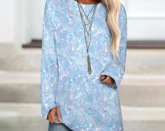 Camisa larga para mujer, cuello redondo, camiseta de manga larga, camisa moderna de gran tamaño, camiseta única de moda, camiseta elegante de regalo, camiseta con gráfico pastel, camiseta para mujer