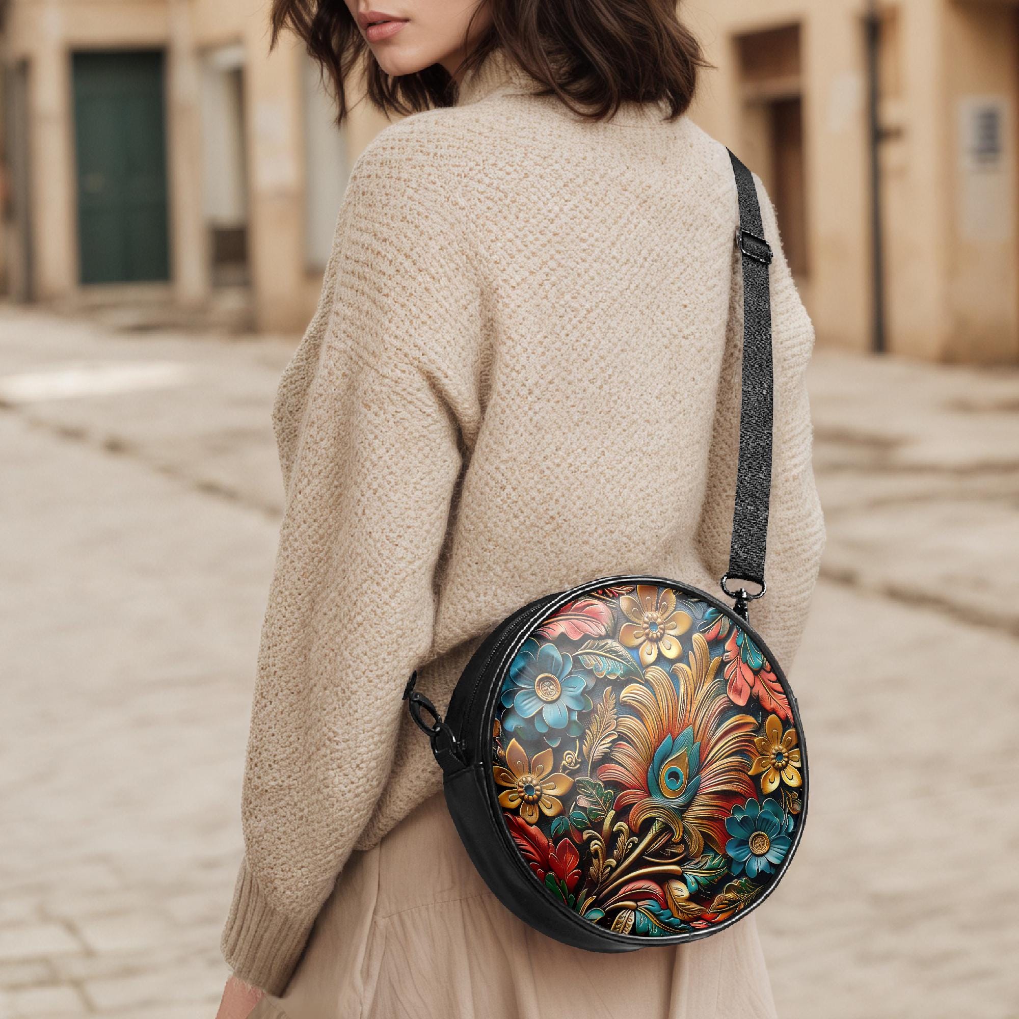 Vintage Style Floral Print Round Crossbody Bags, Vegan Leather Boho ...